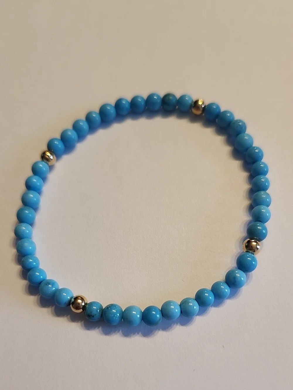 14K Solid Gold And Turquoise Blue Beaded Stretch Bracelet